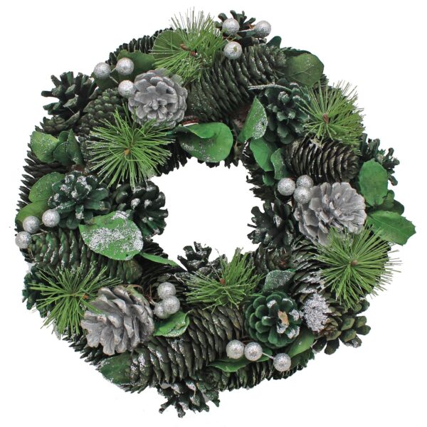 Christmas Artificial Wreath with Pine Cones 30cm Green and Silver