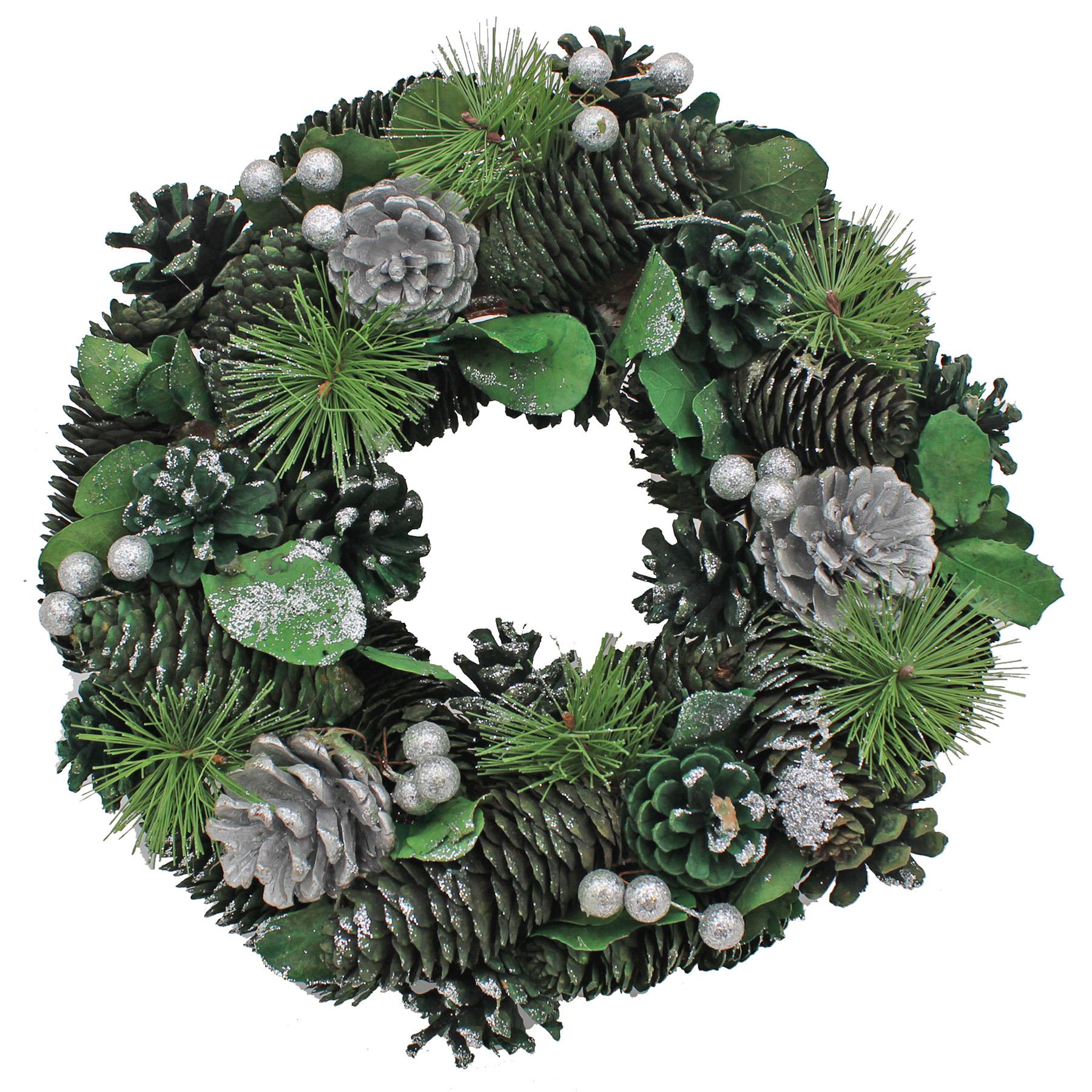 Christmas Artificial Wreath with Pine Cones 30cm Green and Silver